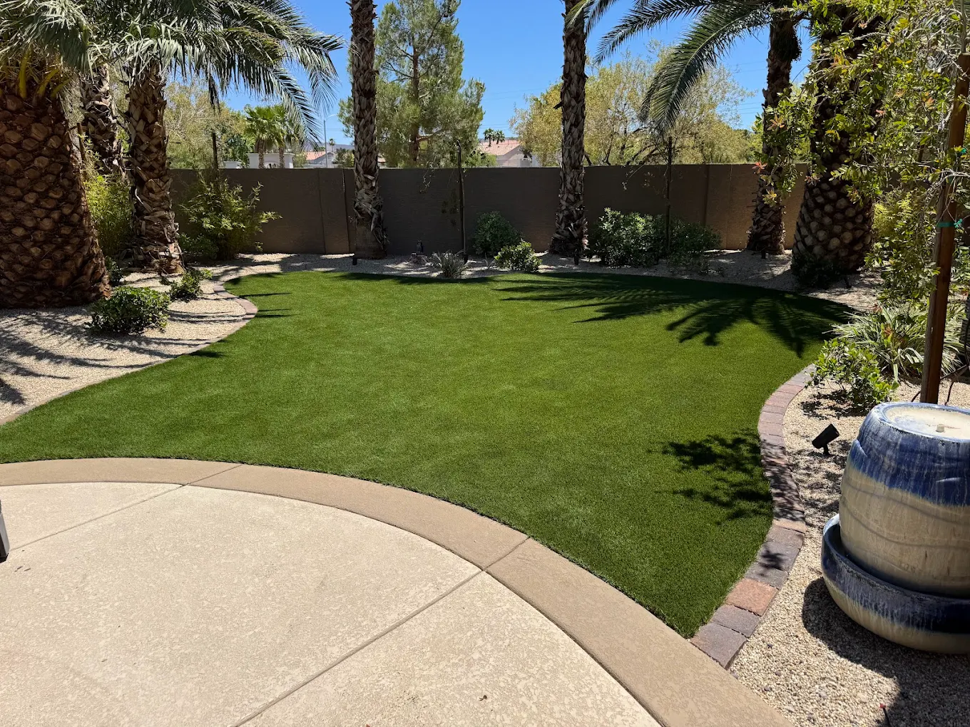 Lush green artificial turf in a San Diego backyard with curved landscaping borders and palm trees