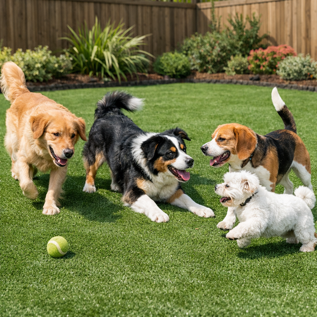 Puppies playing safely on artificial turf in a San Diego backyard