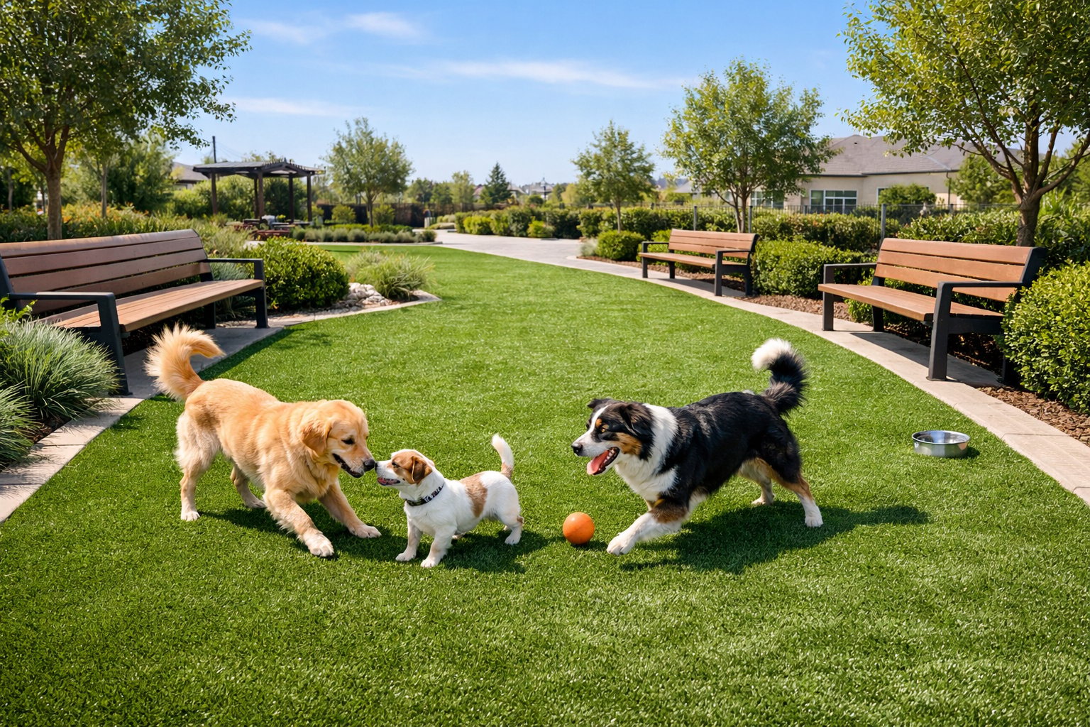 Multiple dogs playing together on artificial turf at a San Diego park